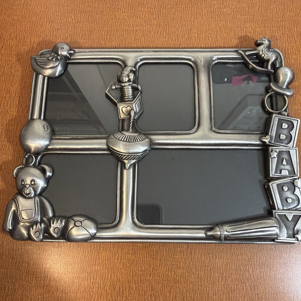 Pewter Baby Collage Picture Frame Vintage Teddy Bear Jack in Box Free Standing